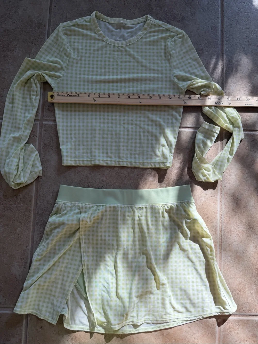 Alo Yoga S matching two piece Mesh Gingham Skirt crop top Set Iced Green Tea